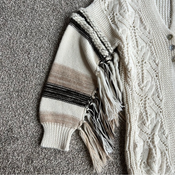 Jonathan Simkhai Cream/Brown, Wool/Alpaca Blend Knit Fringed Cardigan, Size XS - Picture 5 of 13